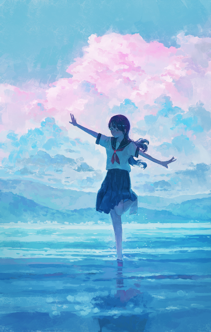 1girl black_hair black_sailor_collar black_skirt closed_mouth clouds cloudy_sky day fjsmu highres long_hair neckerchief original outdoors outstretched_arms pleated_skirt red_neckerchief sailor_collar school_uniform serafuku short_sleeves skirt sky solo spread_arms standing standing_on_one_leg water