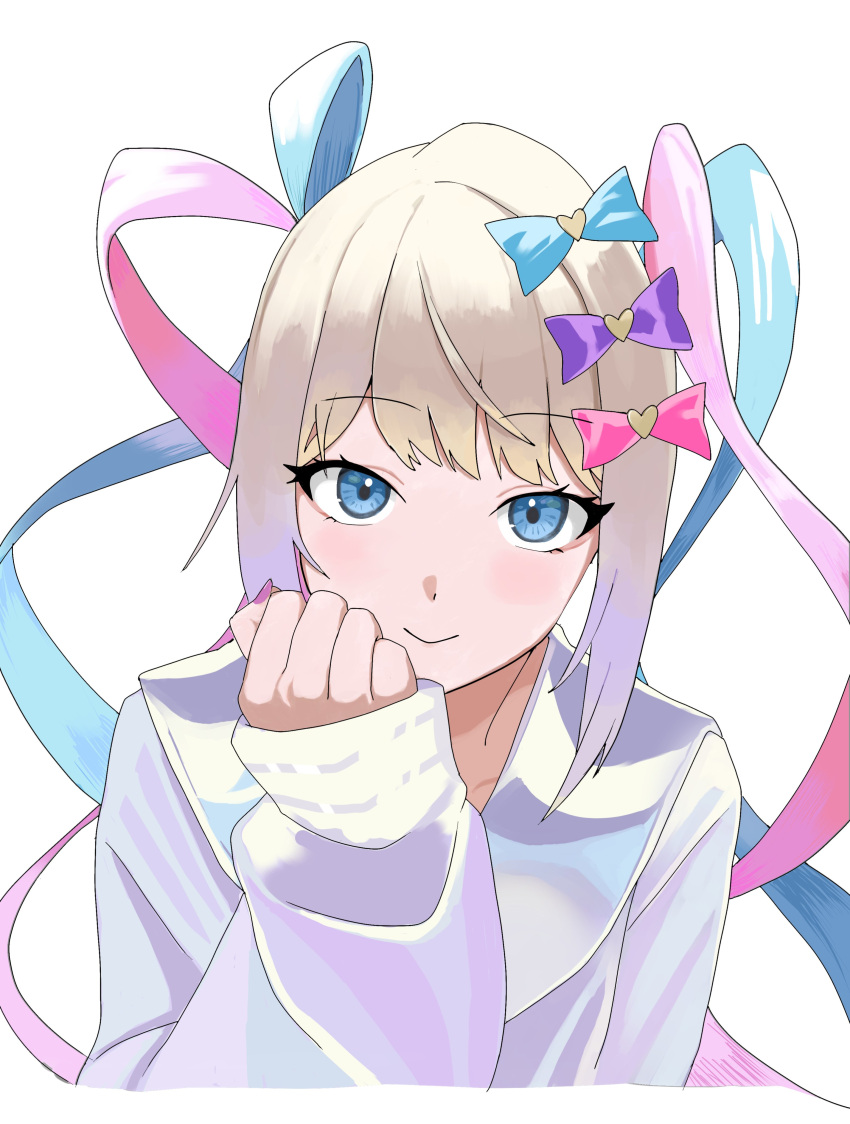 1girl absurdres blonde_hair blue_bow blue_eyes blue_hair blue_shirt bow chouzetsusaikawa_tenshi-chan closed_mouth commentary_request hair_bow hair_ornament hand_up heart heart_hair_ornament highres long_hair long_sleeves looking_at_viewer multicolored_hair multiple_hair_bows needy_girl_overdose pink_bow pink_hair purple_bow quad_tails sailor_collar shirt simple_background smile solo twintails upper_body white_background zzz_owo