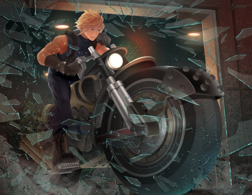 1boy armor blonde_hair blue_eyes blue_pants blue_sweater boots broken_glass broken_window brown_gloves cloud_strife commentary_request final_fantasy final_fantasy_vii full_body glass glass_shards gloves male_focus motor_vehicle motorcycle pants parted_lips riding shillo short_hair shoulder_armor single_bare_shoulder sleeveless sleeveless_turtleneck solo spiky_hair suspenders sweater turtleneck turtleneck_sweater