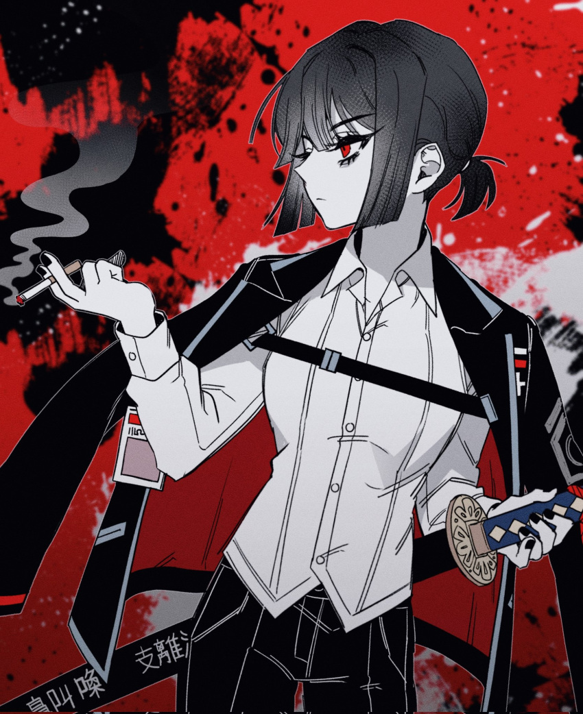 1girl 3cnfw black_coat black_hair black_nails black_pants breasts cigarette closed_mouth coat coat_on_shoulders collared_shirt highres holding holding_cigarette katana limbus_company long_sleeves looking_to_the_side medium_breasts pants project_moon red_background ryoshu_(limbus_company) shirt short_ponytail sidelocks smoke solo sword weapon white_shirt