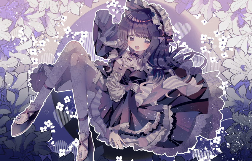 1girl absurdres black_footwear bow breasts dress floral_print flower highres ikurumi_umika juliet_sleeves lace-trimmed_dress lace-trimmed_sleeves lace_trim long_hair long_sleeves maid_headdress open_mouth original pantyhose puffy_sleeves purple_bow purple_dress purple_hair purple_theme small_breasts smile solo usagi_nui violet_eyes white_flower white_pantyhose
