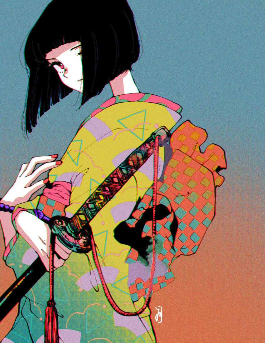1girl asagiwa_ico black_hair blunt_bangs bracelet chromatic_aberration expressionless film_grain highres holding holding_sword holding_weapon japanese_clothes jewelry katana kimono looking_at_viewer multicolored_clothes original print_kimono red_eyes red_nails short_hair simple_background solo sword weapon