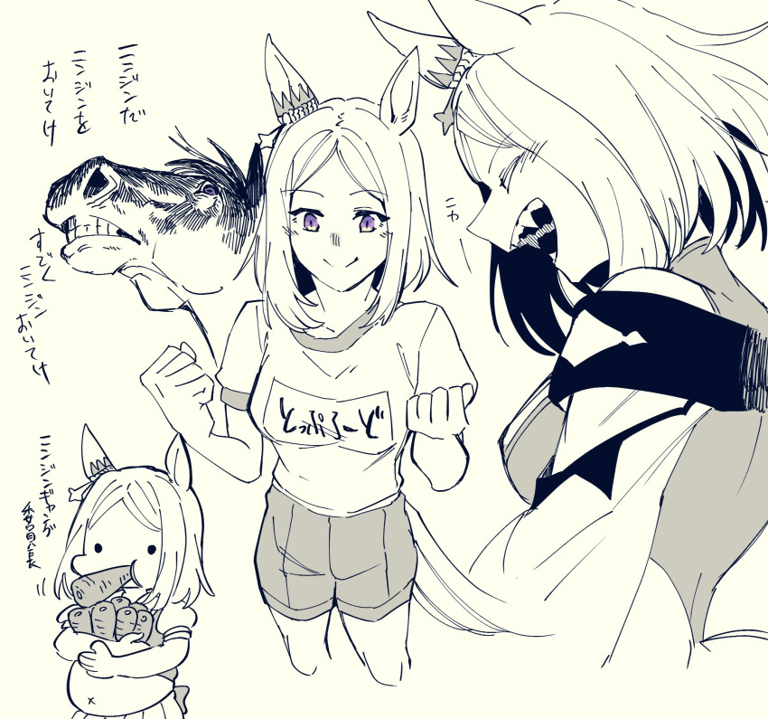 1girl big_belly blush_stickers carrot clenched_hands clenched_teeth closed_eyes collarbone commentary creature_and_personification ear_covers ear_ornament fangs food glaring gym_shirt gym_shorts highres holding holding_food horse horse_tail monochrome motion_lines multiple_views name_tag narita_top_road_(racehorse) narita_top_road_(umamusume) open_mouth parted_bangs puffy_short_sleeves puffy_sleeves real_life sanpaku school_uniform shirt short_hair short_sleeves shorts single_ear_cover solid_circle_eyes spot_color summer_uniform tail takatsuki_nato teeth tracen_school_uniform translation_request two-tone_eyes umamusume violet_eyes wide_face x_navel yellow_eyes yellow_theme