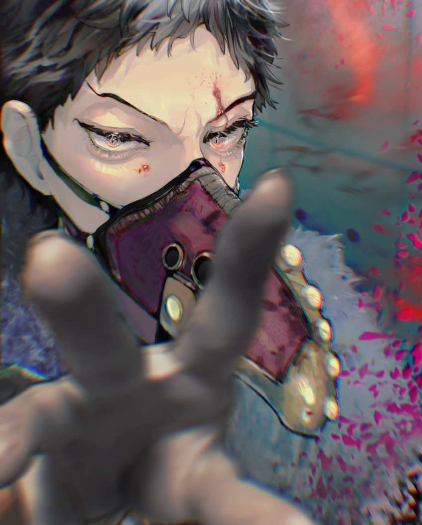 1boy black_hair blood blood_on_face blurry blurry_foreground boku_no_hero_academia feather-trimmed_jacket feathers hand_up highres male_focus mask mouth_mask oekakinozobon overhaul_(boku_no_hero_academia) purple_feathers short_hair solo upper_body very_short_hair