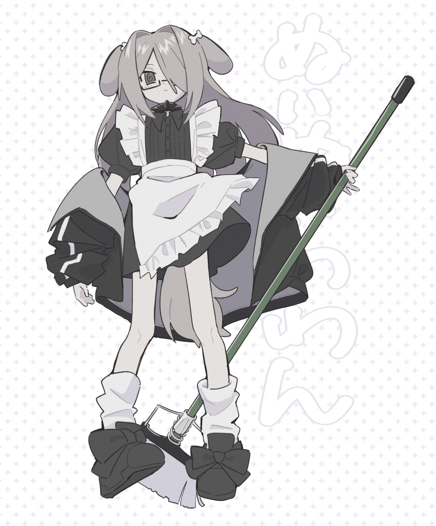 1girl :&lt; @_@ animal_ears apron black_dress black_footwear black_jacket blush bone_hair_ornament borrowed_character bow broom character_name closed_mouth collar collared_dress commentary dog_ears dog_girl dog_tail dress eguwi floppy_ears footwear_bow frilled_apron frills full_body glasses grey_hair hair_ornament hair_over_one_eye highres holding holding_broom jacket jacket_partially_removed looking_at_viewer maid maid_apron nuinuiwawan_(character) original outstretched_arm polka_dot polka_dot_background puffy_short_sleeves puffy_sleeves ribbed_dress semi-rimless_eyewear short_dress short_sleeves solo spiked_collar spikes tail white_background white_leg_warmers