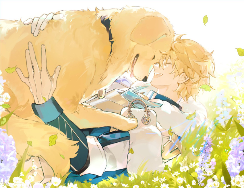 1boy :d ^_^ animal_hug armor blonde_hair bloom breastplate closed_eyes commentary dog english_commentary eyelashes flower gepard_landau grass hair_between_eyes hands_up highres honkai:_star_rail honkai_(series) leaf long_sleeves lying male_focus mors_gn on_back open_mouth plant profile purple_flower short_hair sleeve_cuffs smile solo teeth tongue tongue_out upper_teeth_only white_flower
