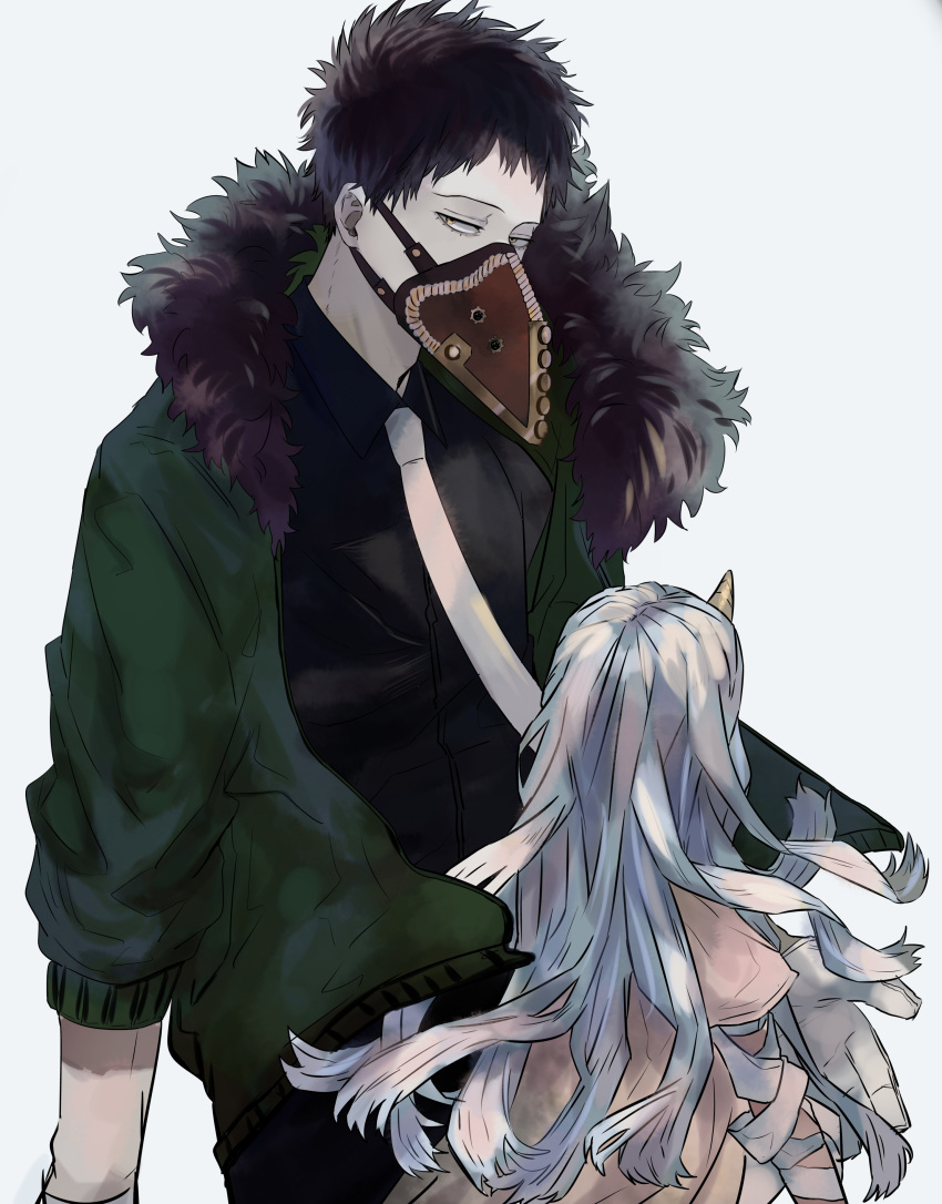 1boy 1girl absurdres bandaged_arm bandages black_hair black_shirt boku_no_hero_academia chacoma collared_shirt commentary_request eri_(boku_no_hero_academia) feather-trimmed_jacket feathers green_jacket grey_hair highres horns jacket long_hair male_focus mask mouth_mask necktie overhaul_(boku_no_hero_academia) partial_commentary plague_doctor_mask purple_feathers shirt short_hair single_horn very_short_hair white_necktie yellow_eyes