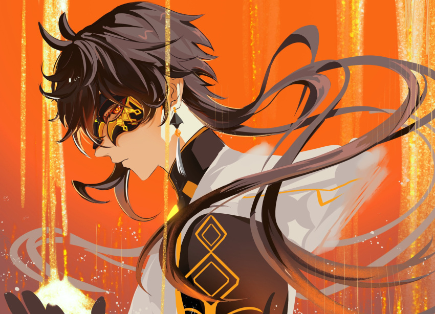 1boy brown_hair earrings from_side genshin_impact highres jewelry looking_at_viewer male_focus masked single_earring youliangzhi zhongli_(archon)_(genshin_impact) zhongli_(genshin_impact)
