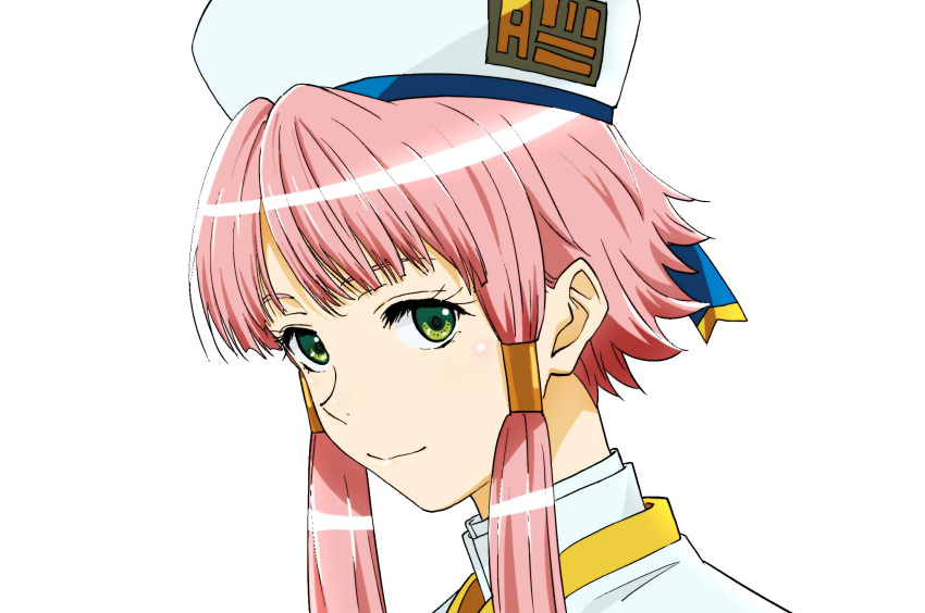 1girl aria aria_company_uniform beret blush closed_mouth cwind eyelashes gold_trim green_eyes hair_tubes hat hat_ribbon highres looking_at_viewer mizunashi_akari parted_bangs pink_hair portrait ribbon shadow short_hair_with_long_locks simple_background smile solo white_background white_headwear