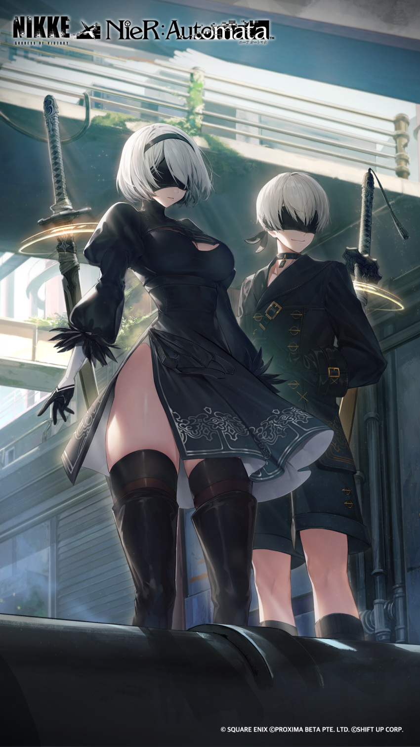 1boy 1girl 2b_(nier:automata) 9s_(nier:automata) black_blindfold black_dress black_gloves black_hairband black_thighhighs blindfold boots breasts choker clothing_cutout dress gloves goddess_of_victory:_nikke hairband highres juliet_sleeves long_sleeves medium_breasts mole mole_under_mouth nier:automata nier_(series) puffy_sleeves short_hair shorts thigh-highs white_hair