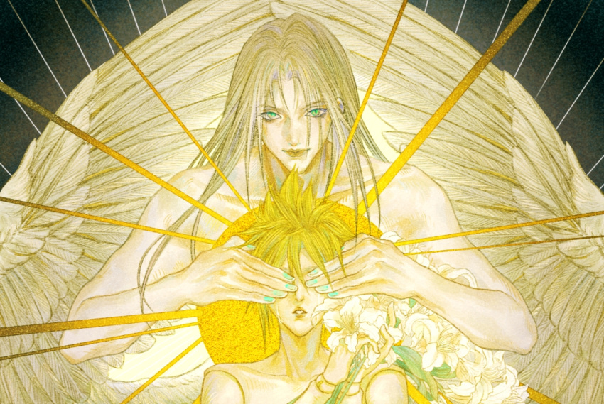 2boys blonde_hair blue_nails cloud_strife covering_another's_eyes crying doll_joints easter_lily feathered_wings final_fantasy final_fantasy_vii flower green_eyes grey_hair halo holding holding_flower joints light_smile lily_(flower) long_hair male_focus multiple_boys nail_polish parted_lips ry1115275908 sephiroth short_hair single_tear slit_pupils smile spiky_hair teardrop tears topless topless_male white_flower white_wings wings yellow_halo