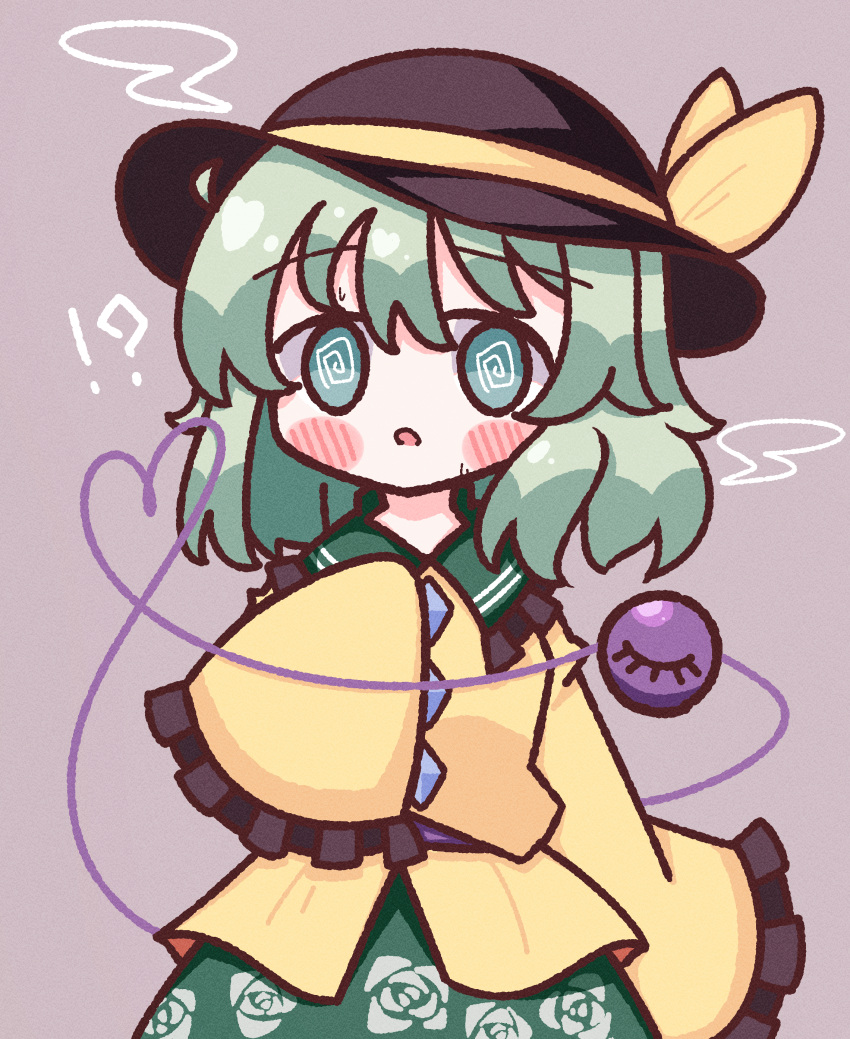!? 1girl :o @_@ absurdres black_headwear blush blush_stickers bow buttons confused diamond_button floral_print frilled_shirt_collar frilled_sleeves frills green_eyes green_hair green_skirt hat hat_bow heart heart_of_string highres komeiji_koishi light_green_hair long_sleeves medium_hair open_mouth rose_print shirt simple_background skirt sleeves_past_wrists solo steam third_eye touhou waroemon yellow_bow yellow_shirt