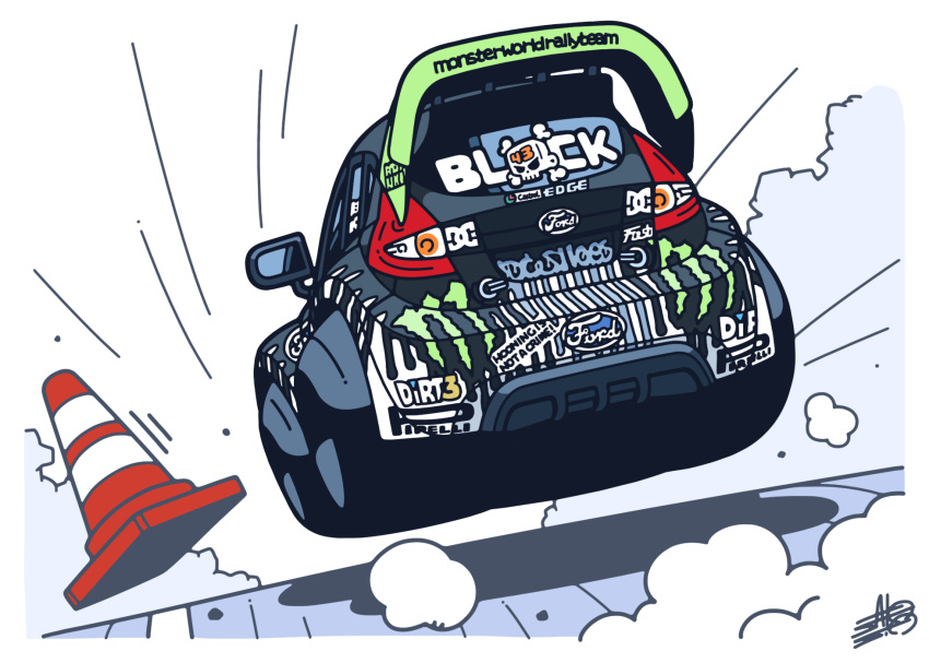 airborne car castrol chibi choro-q commentary dc_shoes dirt_(series) dirt_3 dust english_commentary ford ford_focus_rs highres hoonigan ken_block logo monster_energy motion_lines motor_vehicle parody pirelli race_vehicle racecar rally_car real_life satosio shadow signature spoiler_(automobile) sponsor style_parody traffic_cone vehicle_focus white_background