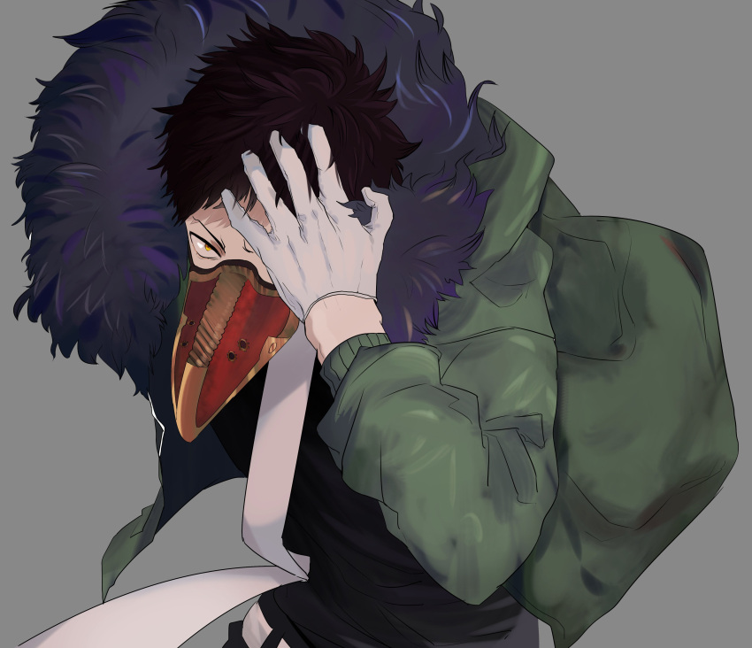 1boy absurdres black_pants black_shirt boku_no_hero_academia brown_hair chacoma covering_one_eye feather-trimmed_jacket feathers gloves green_jacket highres jacket male_focus mask mouth_mask necktie overhaul_(boku_no_hero_academia) pants plague_doctor_mask purple_feathers shirt short_hair solo very_short_hair white_gloves white_necktie yellow_eyes