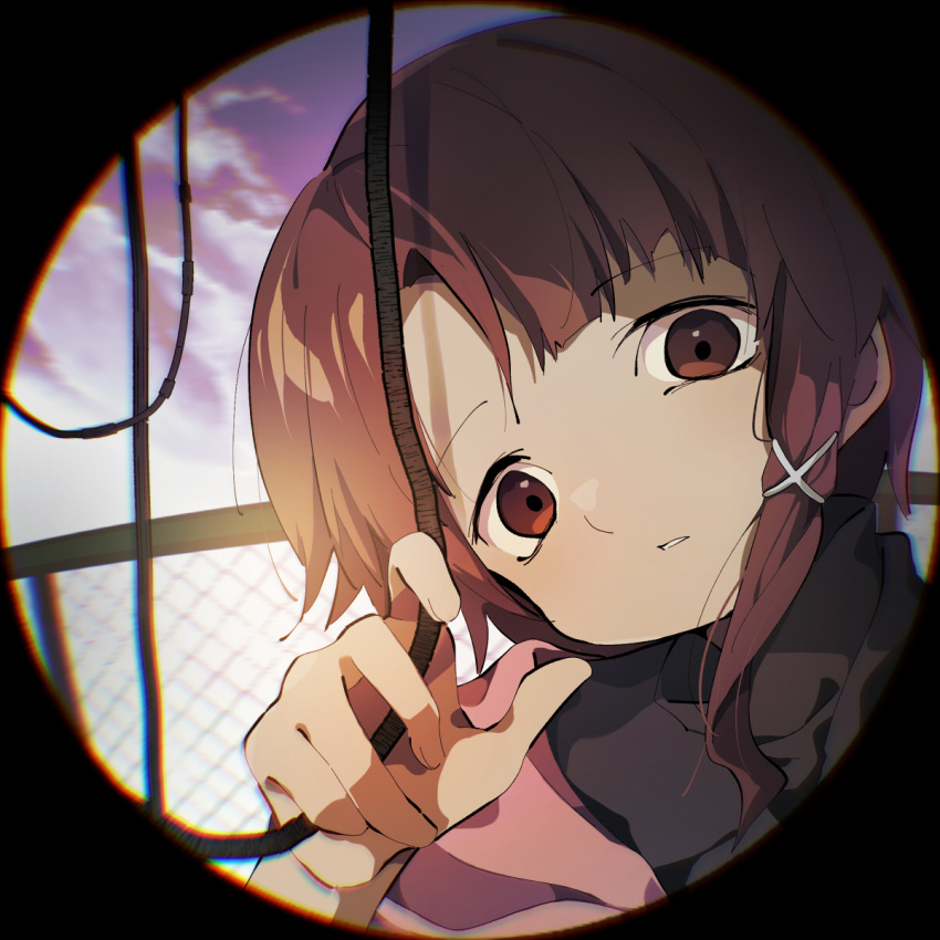 asymmetrical_bangs asymmetrical_hair black_border black_sweater blurry blurry_background border brown_eyes brown_hair chain-link_fence chromatic_aberration circular_border clouds cloudy_sky commentary fence fingernails hair_ornament hand_up head_tilt highres iwakura_lain jacket light looking_at_viewer medium_hair outdoors parted_lips pink_jacket serial_experiments_lain shadow single_sidelock sky sui_hope sweater turtleneck turtleneck_sweater upper_body wire x_hair_ornament