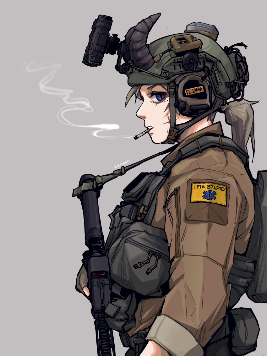 1girl absurdres assault_rifle blue_eyes brown_jacket chin_strap cigarette epakim from_side grey_background gun gun_sling headset helmet highres holding holding_gun holding_weapon horns jacket light_brown_hair load_bearing_vest magazine_(weapon) military night_vision_device original patch ponytail rifle scar scar_on_face shoulder_patch simple_background sleeves_rolled_up smoke smoking tactical_clothes upper_body weapon zipper
