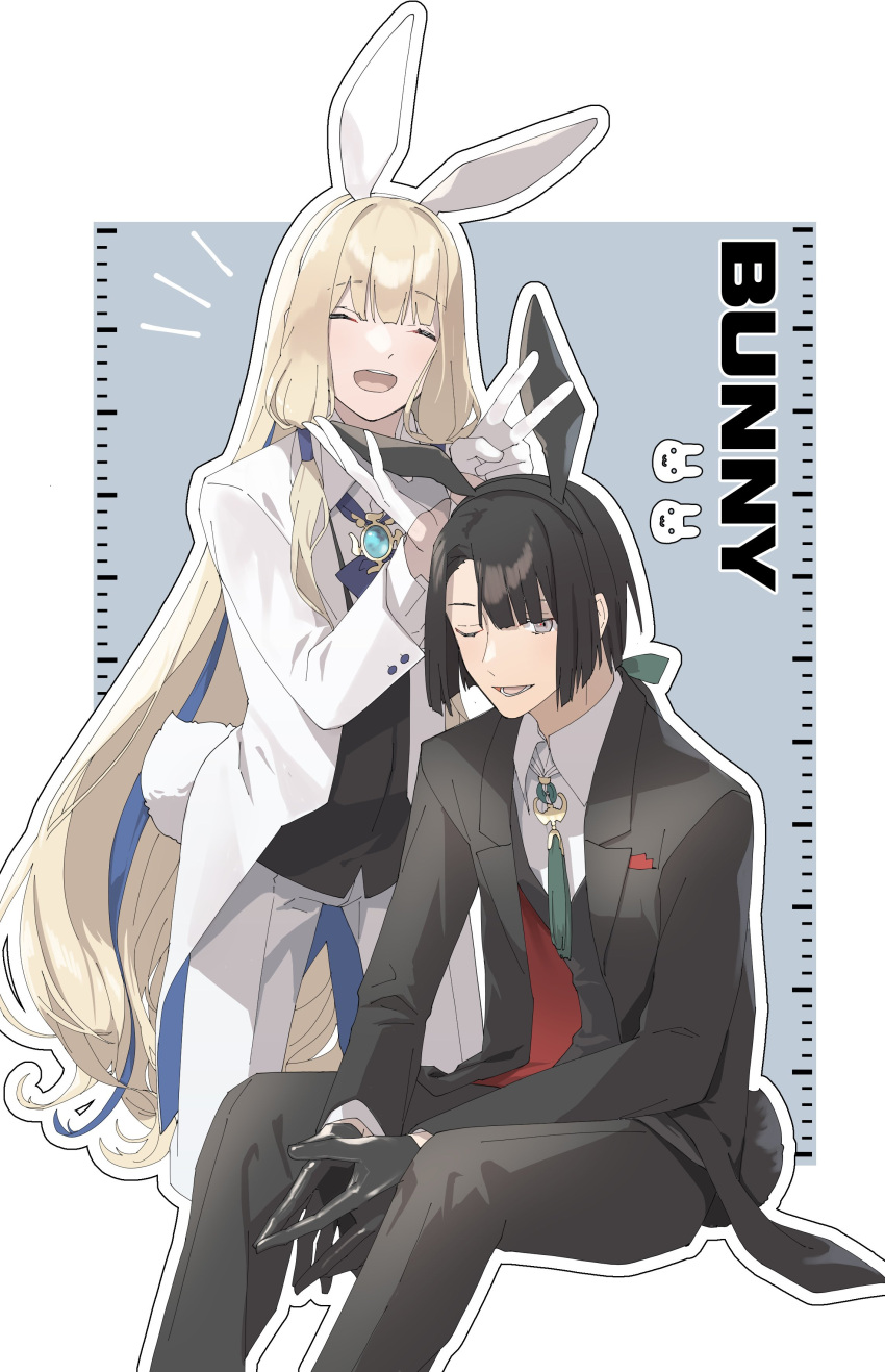 2boys :d ^_^ absurdres alternate_costume animal_ears black_gloves black_hair black_jacket black_suit black_vest blonde_hair blue_background blue_hair blue_jacket blunt_bangs blunt_ends bow brooch chikuwa_(cccccchhhhhhii) closed_eyes coattails collared_shirt cropped_legs fake_animal_ears fake_tail fate/grand_order fate/grand_order_arcade fate_(series) formal gloves green_bow grey_eyes hair_bow handkerchief highres invisible_chair jacket jewelry long_hair long_sleeves looking_at_viewer low_ponytail male_focus multicolored_hair multiple_boys noah_(fate) notice_lines one_eye_closed open_clothes open_mouth pants ponytail rabbit rabbit_ears rabbit_tail red_jacket ruler shirt simple_background sitting smile steepled_fingers streaked_hair suit tai_gong_wang_(fate) tail tassel two-sided_fabric two-sided_jacket two-tone_hair v very_long_hair vest white_jacket white_pants white_shirt