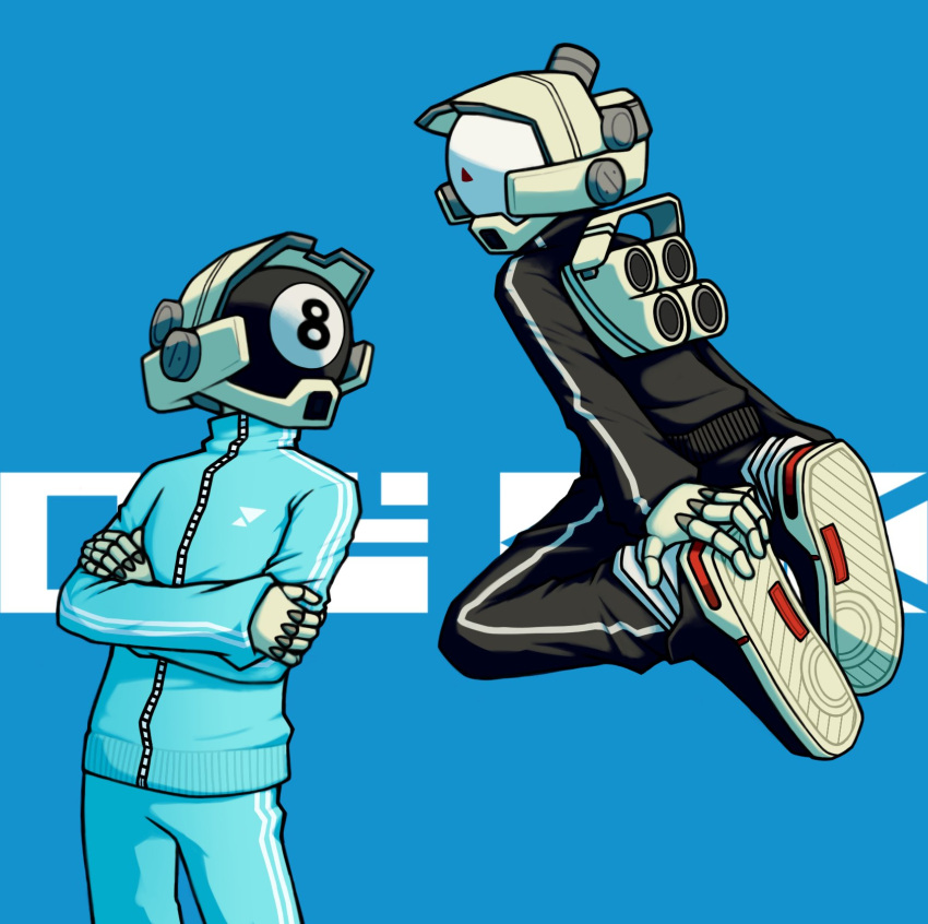 2boys 8-ball ball billiard_ball blue_background bomb_rush_cyberfunk brothers crossed_arms cyberhead cyborg dot_exe highres jacket jetpack jumping looking_at_another looking_up male_focus multiple_boys nas-o12 pants shoes siblings sneakers track_jacket track_pants track_suit