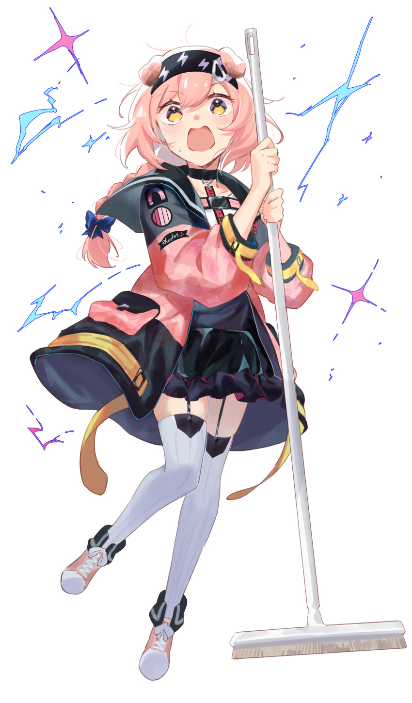 1girl absurdres animal_ears arknights black_hairband black_skirt blue_bow bow braid broom brown_footwear cat_ears commentary_request frilled_skirt frills full_body garter_straps goldenglow_(arknights) hair_between_eyes hair_bow hairband highres holding holding_broom jacket lightning_bolt_print long_hair long_sleeves open_clothes open_jacket open_mouth otinksan pink_hair pink_jacket print_hairband puffy_long_sleeves puffy_sleeves shirt shoes simple_background single_braid skirt solo thigh-highs v-shaped_eyebrows white_background white_shirt white_thighhighs yellow_eyes