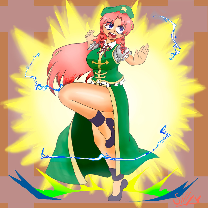 absurdres bad_anatomy black_footwear blue_eyes breasts chinese_clothes cuchu dress green_dress hat highres hong_meiling large_breasts legs light redhead simple_background smile star_(symbol) thick_thighs thighs thunder touhou watermark