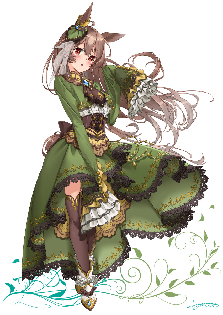 1girl :o absurdres animal_ears ankle_boots ascot black_thighhighs blush boots bow_skirt braid brown_ascot brown_eyes brown_hair commentary corset cropped_jacket ear_ornament french_braid frilled_footwear frilled_shirt frilled_sleeves frills full_body green_jacket green_skirt half_updo head_tilt high-low_skirt highres horse_ears horse_girl horse_tail jacket long_hair long_skirt long_sleeves looking_at_viewer multicolored_hair sagoromo_04 satono_diamond_(umamusume) shirt skirt sleeves_past_fingers sleeves_past_wrists solo streaked_hair tail thigh-highs umamusume underbust white_footwear white_shirt