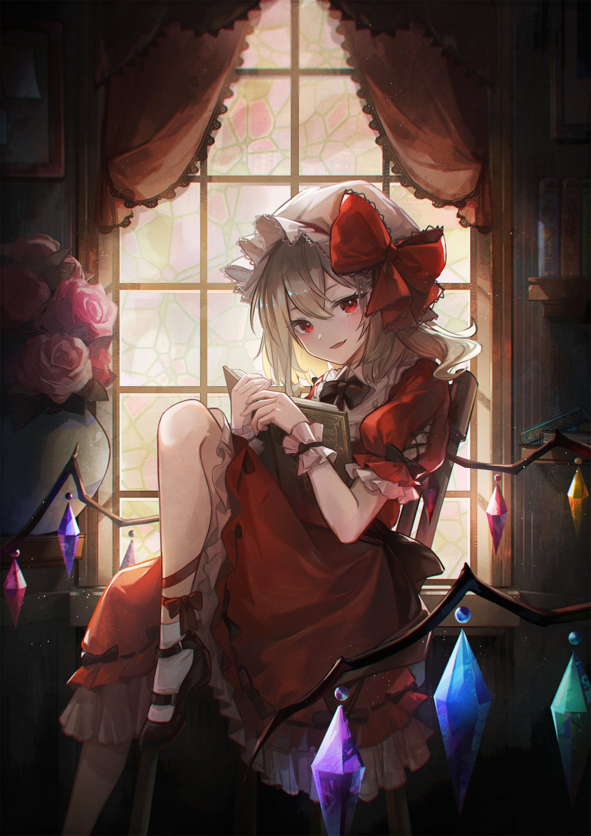1girl black_bow black_bowtie black_footwear blonde_hair book bookshelf bow bowtie commentary_request crystal_wings curtains dress fang flandre_scarlet flower flower_pot frilled_dress frilled_wristband frills hat hat_bow highres holding holding_book kyusoukyu looking_at_viewer mary_janes medium_hair mob_cap pink_flower pink_rose red_bow red_bowtie red_dress red_eyes rose shoes sitting skin_fang socks solo touhou white_headwear white_socks window wings