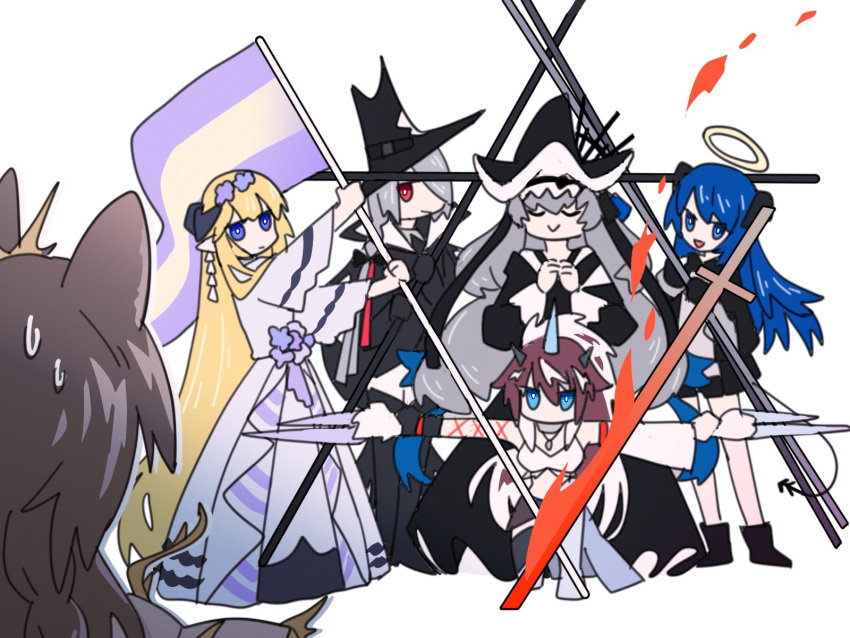 6+girls arknights black_dress blue_eyes blue_hair brown_hair demon_tail dress flag gladiia_(arknights) halo hexagram highres holding holding_flag holding_weapon horns kirin_x_yato_(arknights) long_hair losia mostima_(arknights) multiple_girls penance_(arknights) saileach_(appreciate_fragrance)_(arknights) saileach_(arknights) simple_background specter_(arknights) specter_the_unchained_(arknights) star_of_david tail very_long_hair weapon white_background white_dress yato_(arknights)