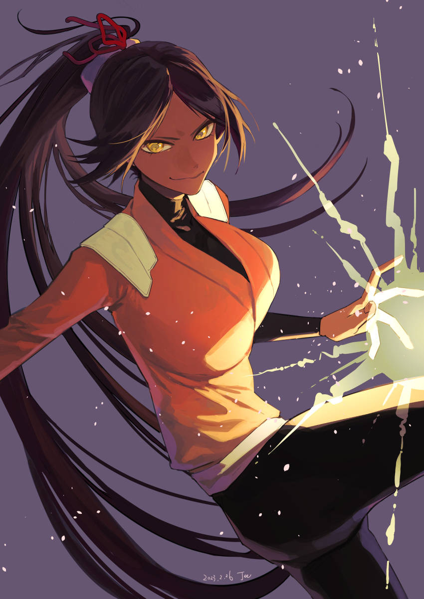 1girl absurdres artist_name black_bodysuit black_hair bleach bodysuit bodysuit_under_clothes breasts closed_mouth commentary_request dark-skinned_female dark_skin dated energy hair_ribbon high_ponytail highres jou_(jo_jjo) large_breasts long_hair orange_shirt ponytail ribbon shihouin_yoruichi shirt simple_background solo very_long_hair yellow_eyes