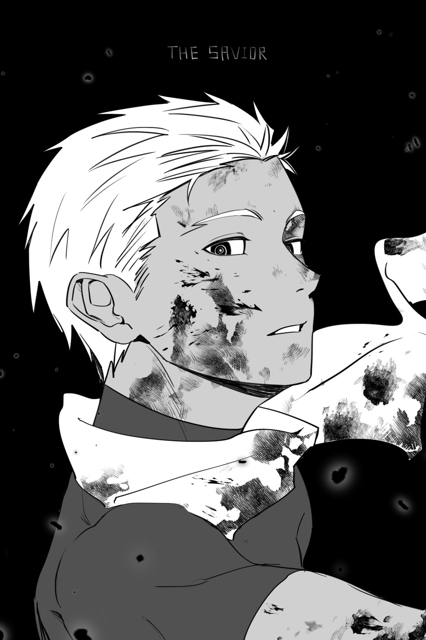 1boy @_@ absurdres archer_(fate) bad_id bad_twitter_id blood blood_on_face english_text expressionless fate/stay_night fate_(series) greyscale hair_slicked_back highres ifurahara looking_at_viewer male_focus monochrome parted_lips portrait scarf short_hair solo wind