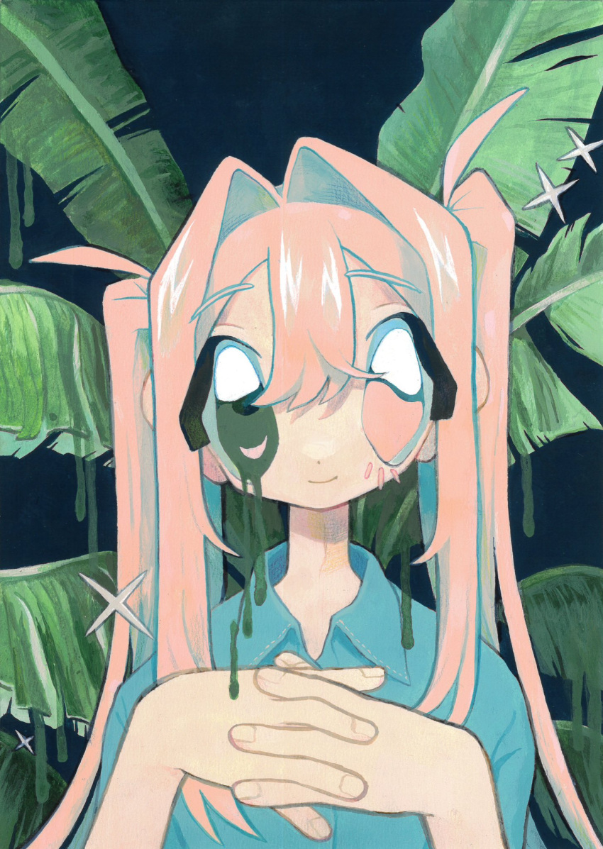1girl blue_shirt closed_mouth collared_shirt dripping dripping_eye green_eyes hair_between_eyes hair_intakes hands_up heterochromia highres interlocked_fingers leaf long_hair looking_at_viewer melting momose_kikuka orange_eyes orange_hair original own_hands_together plant shirt short_sleeves smile solo sparkle straight-on traditional_media two_side_up upper_body