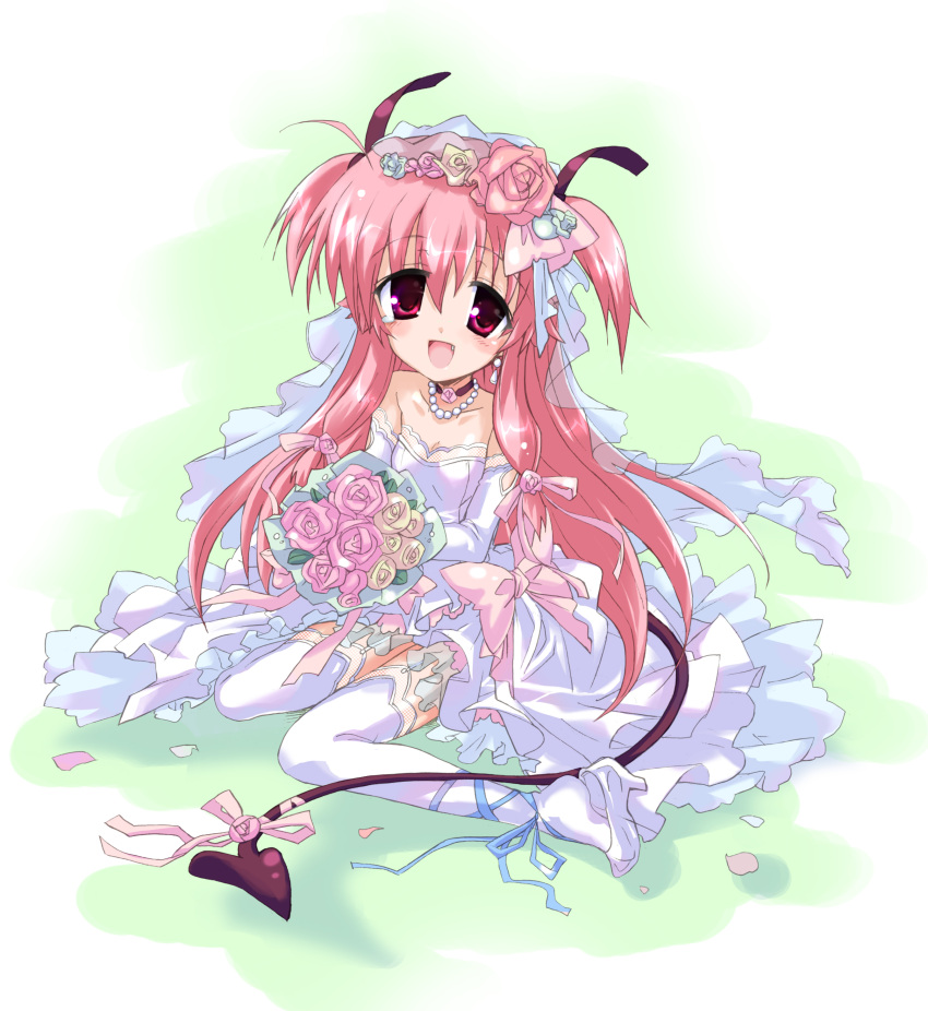 angel_beats! ankle_lace-up bouquet bride cross-laced_footwear demon_tail dress earrings fang flower highres hizuki_yayoi jewelry long_hair necklace petals pink_eyes pink_hair ribbon shoe_dangle short_twintails tail tail_ribbon thighhighs twintails wedding_dress yui_(angel_beats!)
