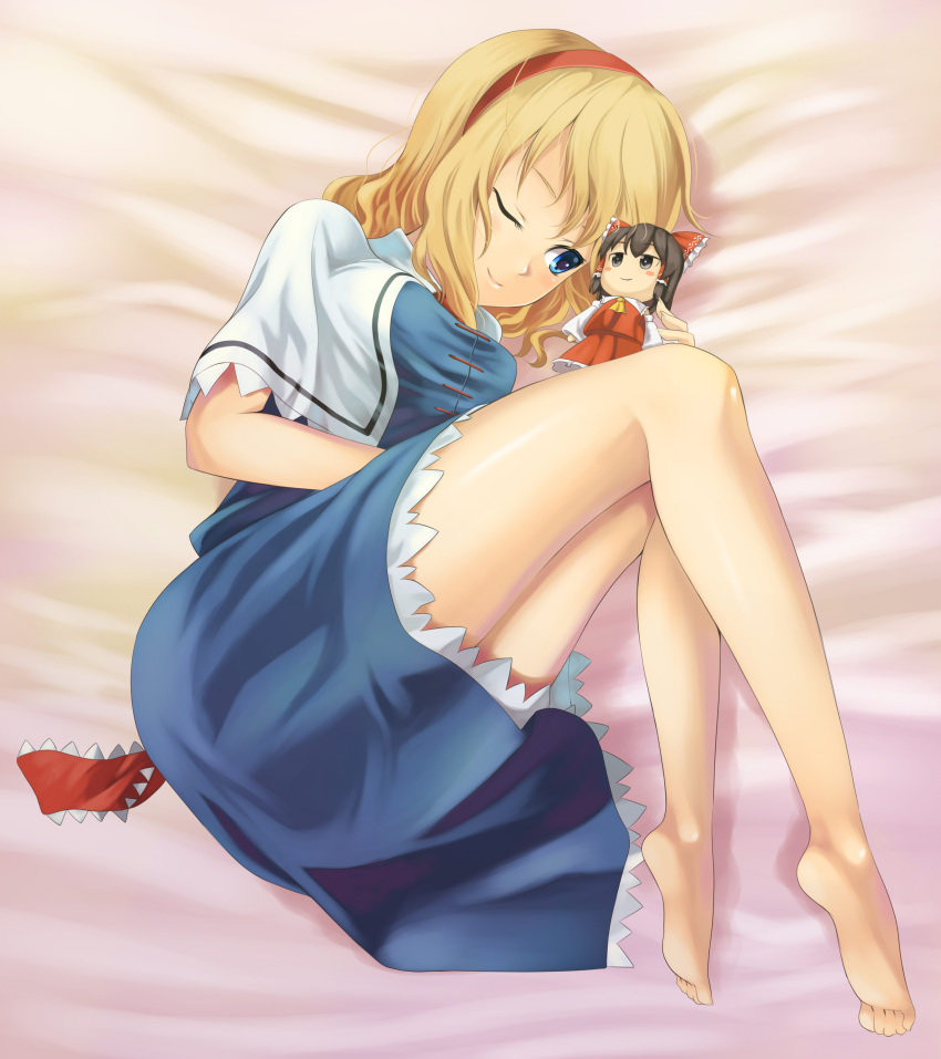 absurdres alice_margatroid bare_legs barefoot blonde_hair blue_eyes breasts character_doll doll feet fetal_position hairband hakurei_reimu highres legs lying smile solo tadokoro_teppei touhou wink