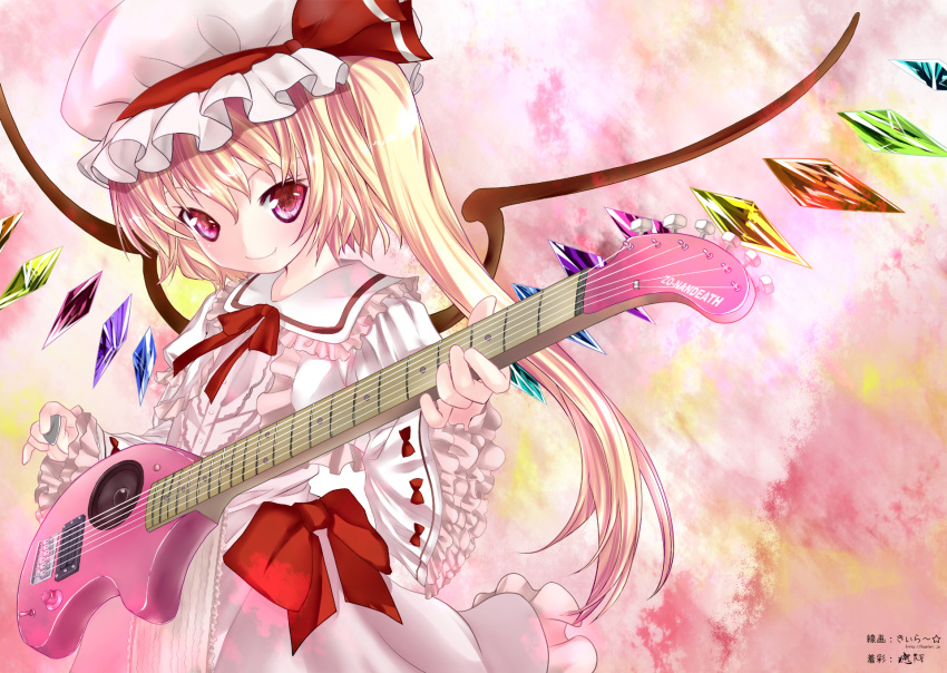 blonde_hair bow colored fang flandre_scarlet frills gathers guitar hat highres instrument kiira ponytail red_eyes side_ponytail smile solo touhou wings