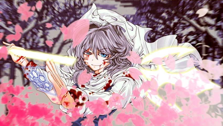bleeding blood blood_on_face blue_eyes card hat highres holding holding_card injury lavender_hair letty_whiterock petals polearm short_hair smile solo spell_card touhou trident weapon
