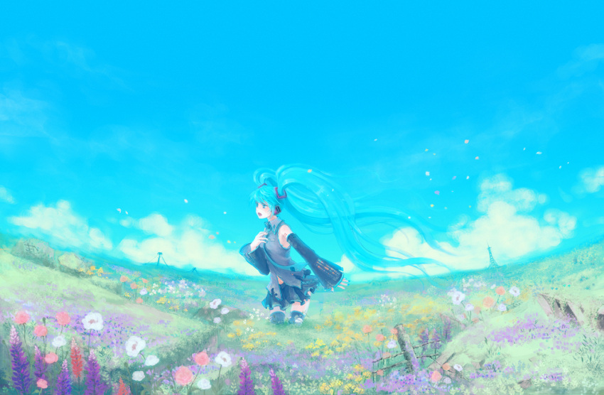 blue_eyes blue_hair cloud clouds com_kom detached_sleeves flower flower_field hand_on_chest hand_on_own_chest hatsune_miku long_hair necktie open_mouth petals poppy_(flower) salvia singing skirt sky solo standing thigh-highs thighhighs torn_clothes twintails very_long_hair vocaloid wind