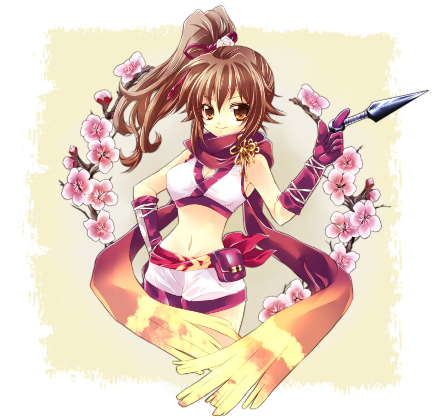 1girl brown_eyes brown_hair cherry_blossoms high_ponytail highres kunai kunoichi_(sengoku_musou) midriff ponytail scarf sengoku_musou side_ponytail smile solo su_(pixiv44447) weapon