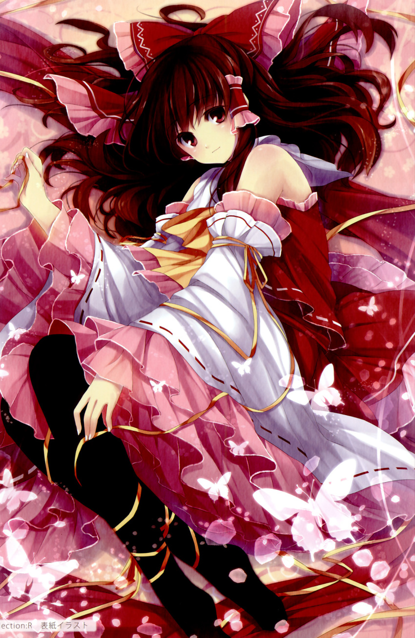 black_legwear bow brown_hair butterfly detached_sleeves embellished_costume fingernails frills gathers hagiwara_rin hair_bow hair_tubes hakurei_reimu highres leg_ribbon lolita_fashion long_hair looking_at_viewer lying nail_polish on_side pantyhose petals red_eyes scan smile solo touhou wa_lolita wide_sleeves