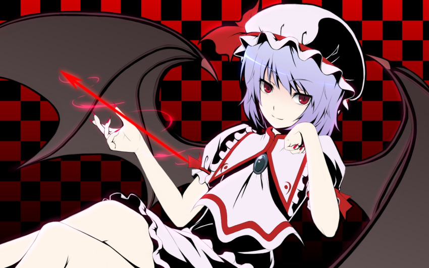 blue_hair checkered chin_rest gayprince hat highres red_eyes remilia_scarlet solo spear_the_gungnir touhou wings