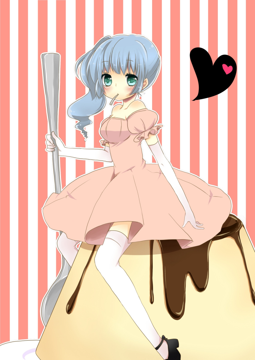 bad_id blue_hair blush dress elbow_gloves gloves green_eyes hatsune_miku highres mikio_k._gobouten mouth_hold pudding sitting spoon striped thigh-highs thighhighs vocaloid