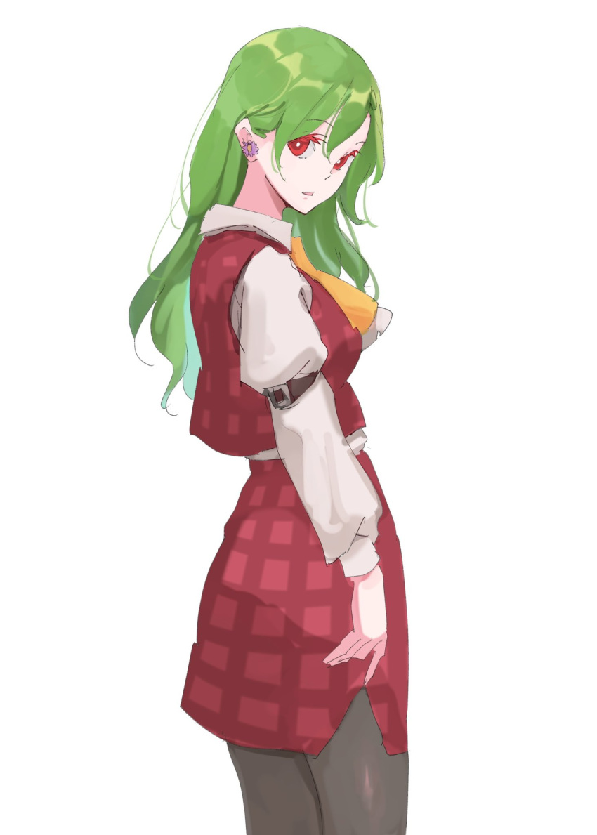 1girl ascot commentary_request earrings flower_earrings green_hair highres jewelry juliet_sleeves kazami_yuuka long_hair long_sleeves looking_back plaid plaid_skirt plaid_vest puffy_sleeves red_eyes red_skirt red_vest shirt skirt solo tohoyuukarin touhou variant_set vest white_shirt yellow_ascot
