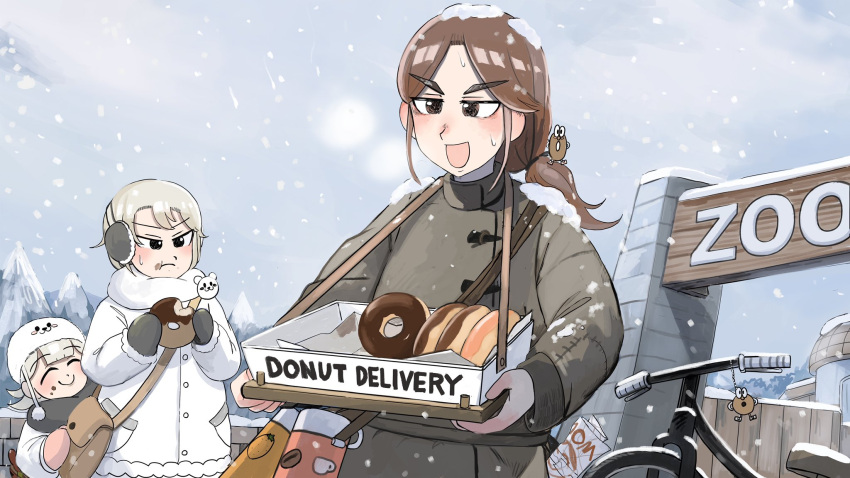 3girls :d ^_^ aged_down bag bicycle bird brown_bag brown_eyes brown_hair chicken closed_eyes coat diva_(hyxpk) doughnut doughnut_hair_ornament earmuffs eating english_commentary food food-themed_hair_ornament food_bite food_on_face grey_coat grey_mittens grey_scarf hair_ornament hat highres hungry_nun's_mother_(diva) little_nuns_(diva) long_hair multiple_girls outdoors pink_mittens polar_bear_keeper_(zookeepers) ponytail scarf seal_keeper_(zookeepers) short_hair shoulder_bag smile snow snowing white_coat white_hair white_headwear white_scarf winter zoo zookeepers