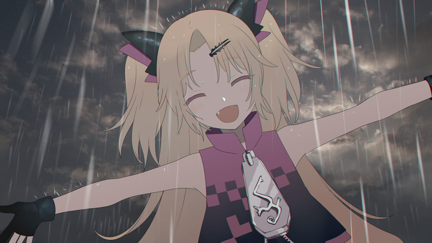 1girl akatsuki_uni black_gloves black_vest blonde_hair closed_eyes commentary_request facing_viewer fang fucodoku gloves hair_ornament hairclip high_collar long_hair outdoors outstretched_arms overcast parted_bangs partially_fingerless_gloves pink_vest rain sky sleeveless solo spread_arms two-tone_vest two_side_up uni_create upper_body vest virtual_youtuber wet wet_hair zipper zipper_pull_tab