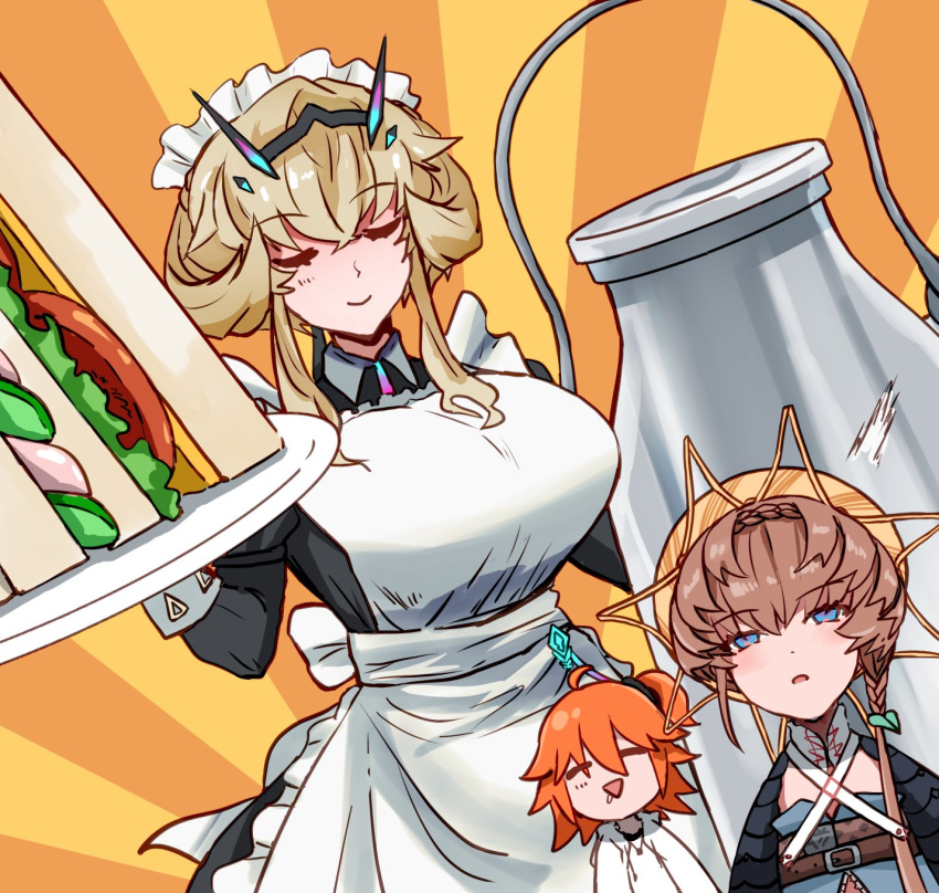 3girls ahoge apron barghest_(swimsuit_archer)_(fate) belt black_scrunchie black_sleeves blonde_hair blue_eyes blue_overalls bottle braid breasts brown_hair closed_eyes closed_mouth crown_braid drooling fate/grand_order fate_(series) food fujimaru_ritsuka_(female) highres holding holding_tray huge_breasts maid_apron maid_headdress medium_hair milk_bottle multiple_girls open_mouth orange_hair orange_headwear overalls puffy_sleeves sandwich scrunchie shimogamo_(shimomo_12) shirt short_sleeves side_braid side_ponytail small_breasts striped striped_headwear tray upper_body van_gogh_(fate) white_shirt