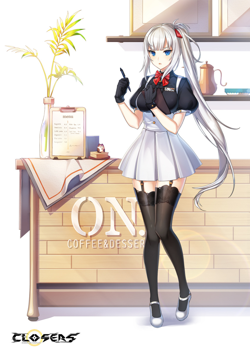 1girl :o alternate_hair_color badge black_gloves black_shirt black_thighhighs blue_eyes bow bowtie breasts center_frills clipboard closers coffee_pot collared_shirt copyright_name counter frills full_body garter_straps gloves hair_bow hands_up heel_up high-waist_skirt highres holding holding_clipboard holding_pen knees_together_feet_apart lace-trimmed_thighhighs large_breasts leaf lens_flare lens_flare_abuse logo long_hair looking_at_viewer mary_janes menu miniskirt official_art pen picture_frame plate plate_stack pleated_skirt ponytail puffy_short_sleeves puffy_sleeves red_bow red_bowtie shelf shirt shoes short_sleeves sidelocks skirt solo standing suspender_skirt suspenders thigh-highs underbust v-shaped_eyebrows vase very_long_hair violet_(closers) waitress white_background white_footwear white_hair white_skirt zettai_ryouiki