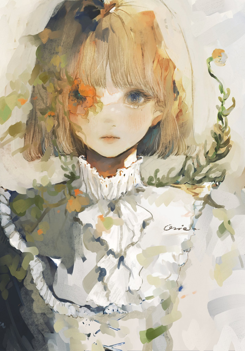 1girl anemone_(flower) ascot blush bob_cut commentary_request dress expressionless flower flower_over_eye grey_background grey_eyes highres light_brown_hair looking_at_viewer orie_h original plant short_hair signature sketch solo tearing_up upper_body vines white_dress