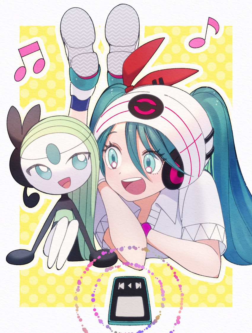 1girl :d beanie border collared_shirt commentary_request crossover eyelashes feet_up green_eyes green_hair hair_between_eyes hat hatsune_miku highres kana_(kanna_runa0620) long_hair lying meloetta musical_note on_stomach open_mouth pokemon pokemon_(creature) project_voltage shirt shoe_soles short_sleeves smile teeth tongue twintails upper_teeth_only vocaloid white_border white_headwear white_shirt yellow_background