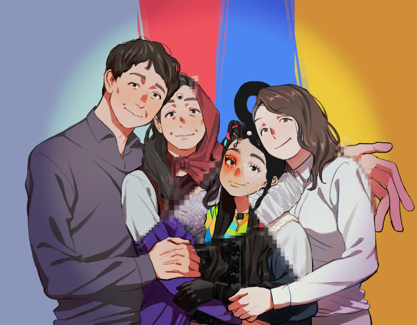 1boy 3girls becky_sregor black_eyes black_hair blue_hoodie brown_eyes brown_hair censored collared_shirt dododdoddo121 evelyn_quan_wong everything_everywhere_all_at_once glasses gloves googly_eyes hair_ornament head_scarf heads_together highres hood hoodie hug jobu_tupaki joy_wong korean_commentary light_smile long_fingers long_hair looking_at_viewer makeup michelle_yeoh mole mole_above_mouth mosaic_censoring multicolored_background multiple_girls shirt short_hair simple_background smile sweater waymond_wang
