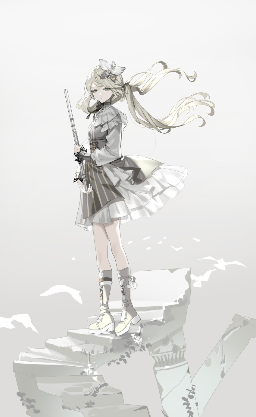 1girl 25-ji_rin absurdres black_dress boots cross-laced_clothes crossed_bangs dress expressionless grey_background grey_eyes grey_footwear grey_hair hair_ornament highres holding_flute kagamine_rin knee_boots long_hair looking_at_viewer mona0101 musical_note musical_note_hair_ornament pillar pleated_dress project_sekai ruins sekai_ni_hibike!_your_song_(project_sekai) sidelocks simple_bird sleeve_cuffs solo stairs standing striped striped_dress twintails vertical-striped_dress vertical_stripes vocaloid white_dress