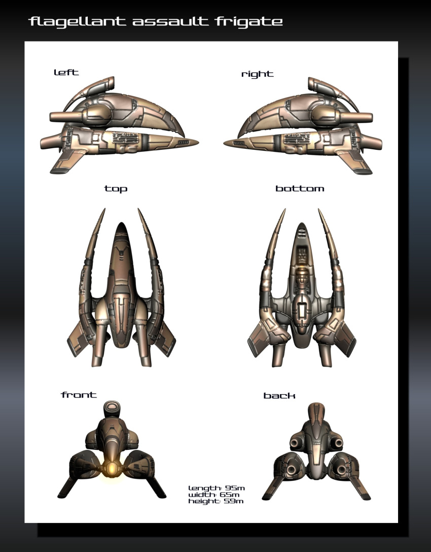 3d amarr_empire_(eve_online) assault_ship_(eve_online) commentary concept_art eve_online frigate_(eve_online) from_side glowing highres military_vehicle multiple_views no_humans original reference_sheet science_fiction spacecraft tech_2_ship_(eve_online) thrusters toneloperu vehicle_focus
