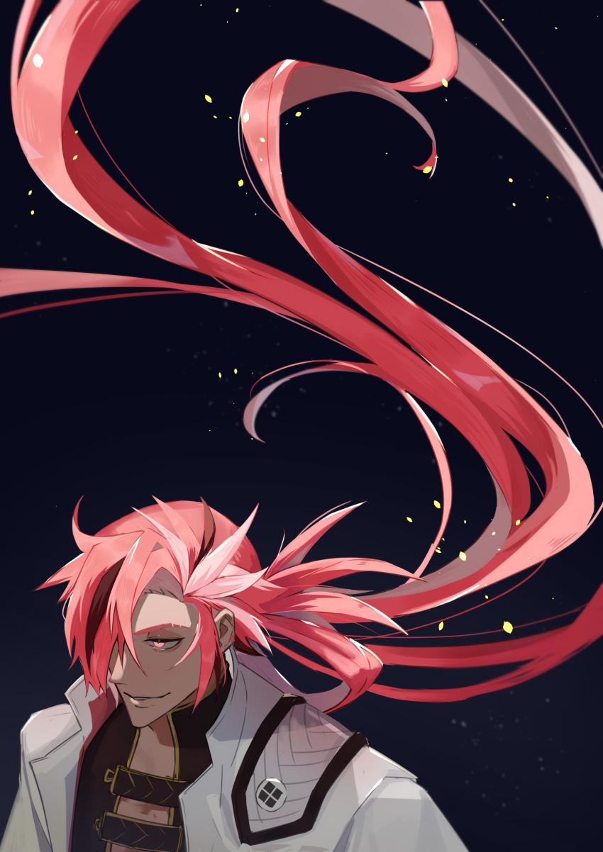 1boy absurdly_long_hair absurdres black_background black_shirt embers eyebrow_cut fate/grand_order fate_(series) floating_hair from_above hair_over_one_eye haruakira highres jacket long_hair male_focus multicolored_hair pink_eyes pink_hair shirt solo streaked_hair takasugi_shinsaku_(fate) upper_body very_long_hair white_jacket